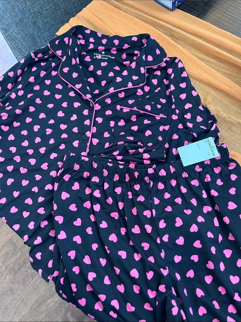 kate spade Black Pajama Set with Pink Heart Print and Pink Piping